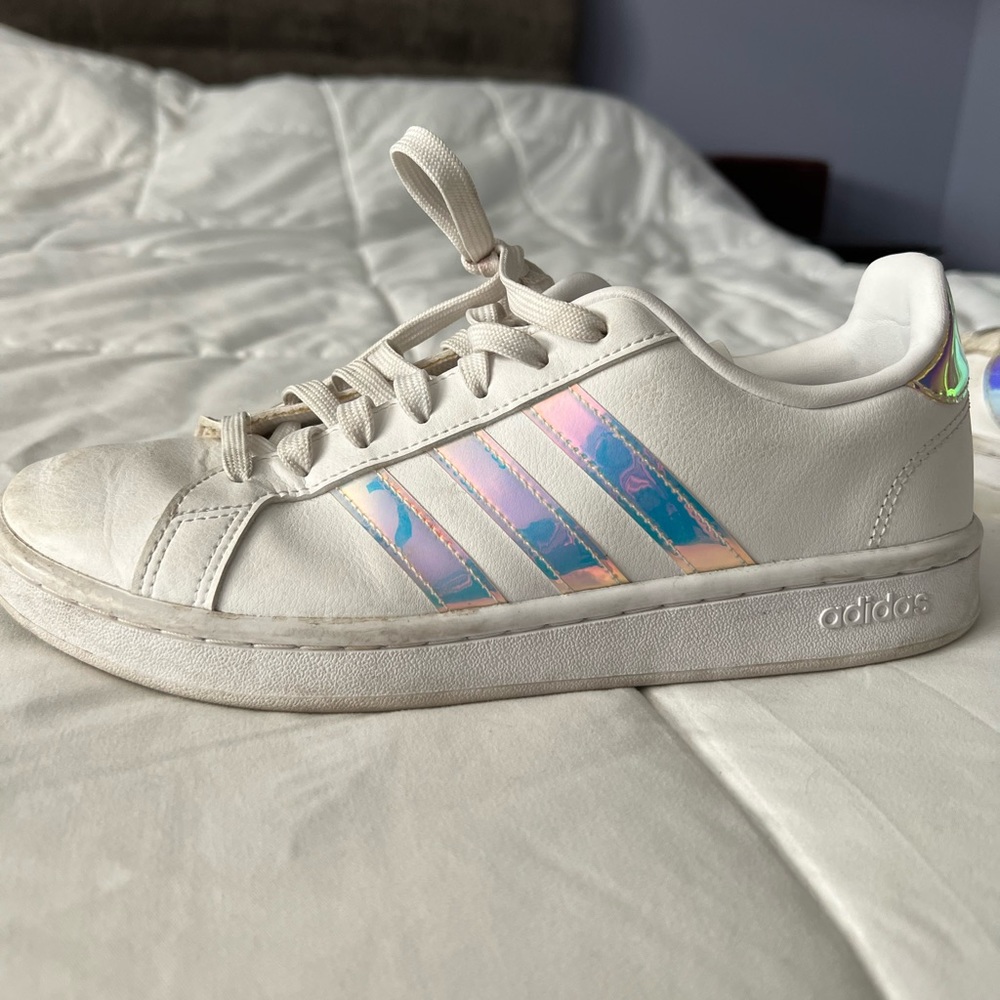 adidas White Sneakers with Iridescent Pink-Blue Stripes